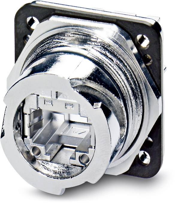 A silver, round connector with a square mounting plate, used for industrial cable connections.