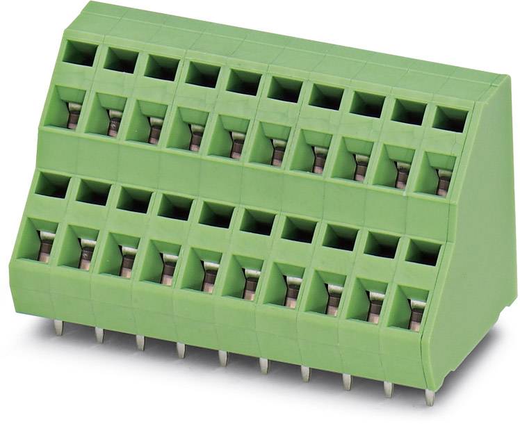 Green terminal block with three levels and multiple connection points.