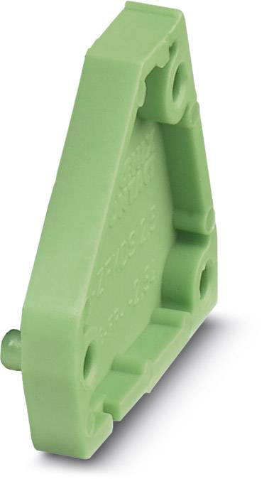 A green, triangular plastic component with rounded corners and mounting holes, potentially a housing part or cover.