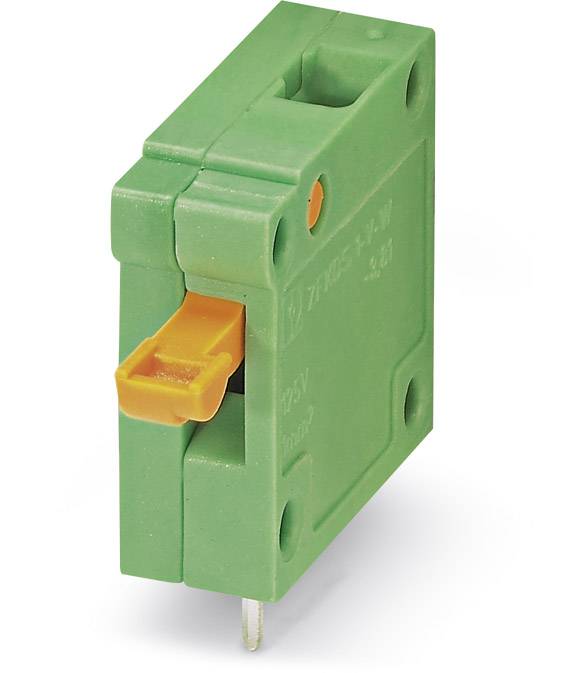 A green, rectangular micro switch with an orange lever. The switch has two pin connections on its underside.