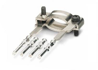 Metal connection element with three pins and two screws, used for electronic or mechanical connections.