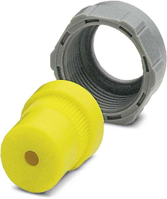 A grey and a yellow plastic adapter that can be connected together.