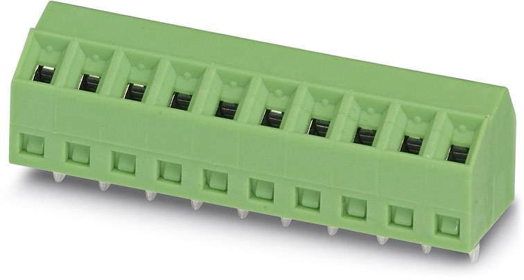 Green 10-pole terminal block with screw connections, suitable for mounting on printed circuit boards for electrical connections.