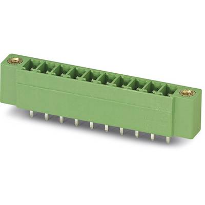 'Green, 10-pin connector with metal pins, for electrical connection of devices, mounted on circuit board.'