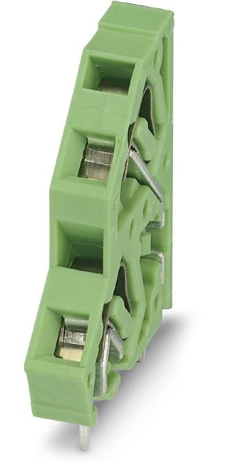 Green electrical terminal block with three metal connection terminals, in a narrow, vertical format.