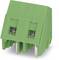 Green connector with two socket terminals and metal pins at the bottom. Used in electronic devices for power and data transmission.