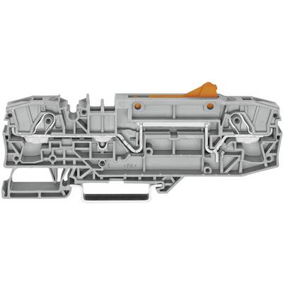A grey technical component with an orange part. It reveals a complex interior and connections.