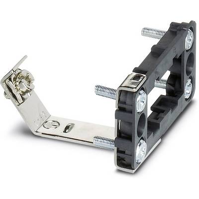 Mounting bracket with a plastic frame and four screws, secured to a metal angle bracket. Used for fixing devices in place.