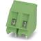 Green, two-pole printed terminal block with screw connections, used for electrical cable connection on a printed circuit board.