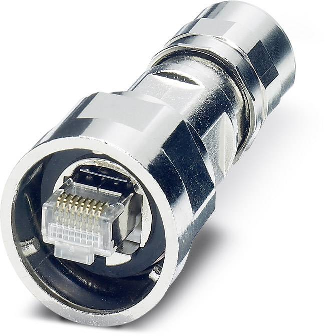 Close-up of a plug, likely a coaxial cable plug, showing an RJ-45 socket internally.