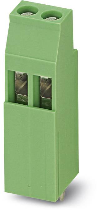 Green, two-pole PCB connector with side connection openings and vertical contacts on the underside.