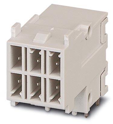 A white, rectangular plug connector with six square openings, suitable for electrical connections in technical devices.