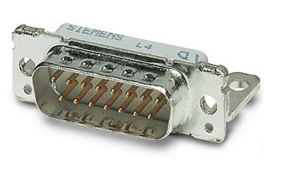Metallic D-sub connector plug with multiple pins, suitable for electronic connections.