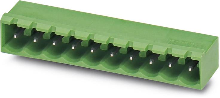 Green electrical connector with ten connection openings, rectangular shape, horizontal orientation, suitable for electrical connection.