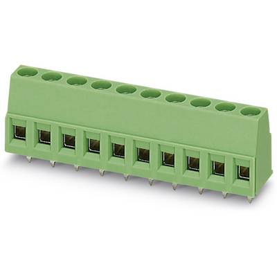 Green, ten-pole printed circuit board terminal with an angled housing surface and metal contacts protruding downwards.
