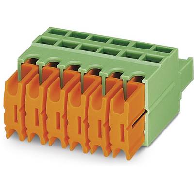 Green connector with six orange terminal connections, used for electrical connections in equipment or control cabinets.