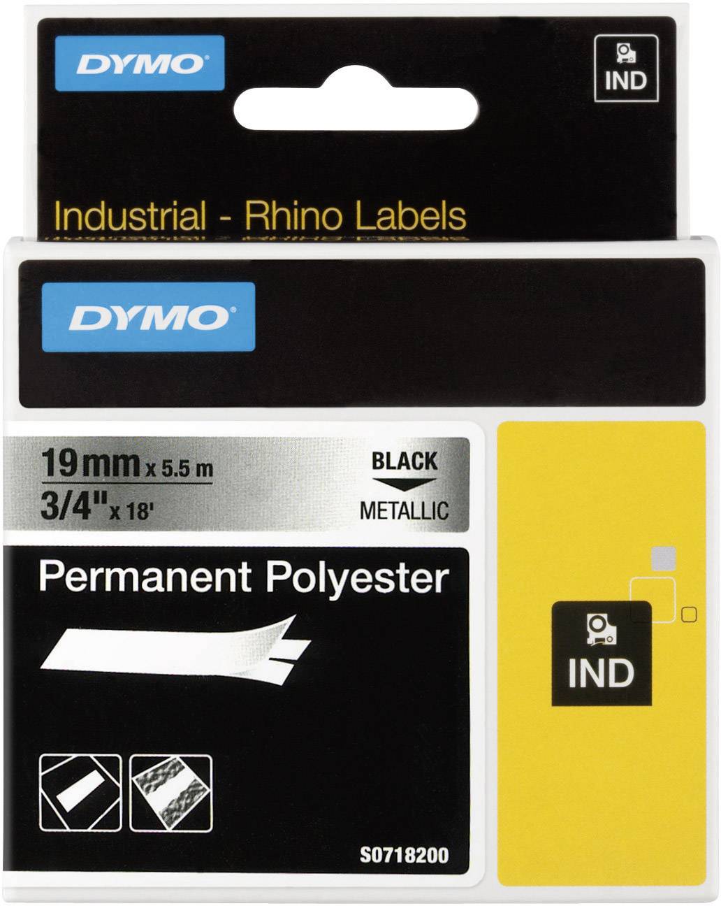 Black, metallic permanent polyester labels by Dymo. 19 mm x 5.5 m. For industrial applications.