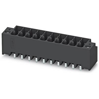 A black electrical connector housing with multiple terminal blocks and silver plugs designed for mounting on a printed circuit board.