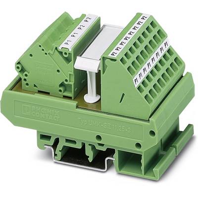 Green electrical terminal block with multiple cable connection openings, type 'UMK-SE 11.25-3', by Phoenix Contact.