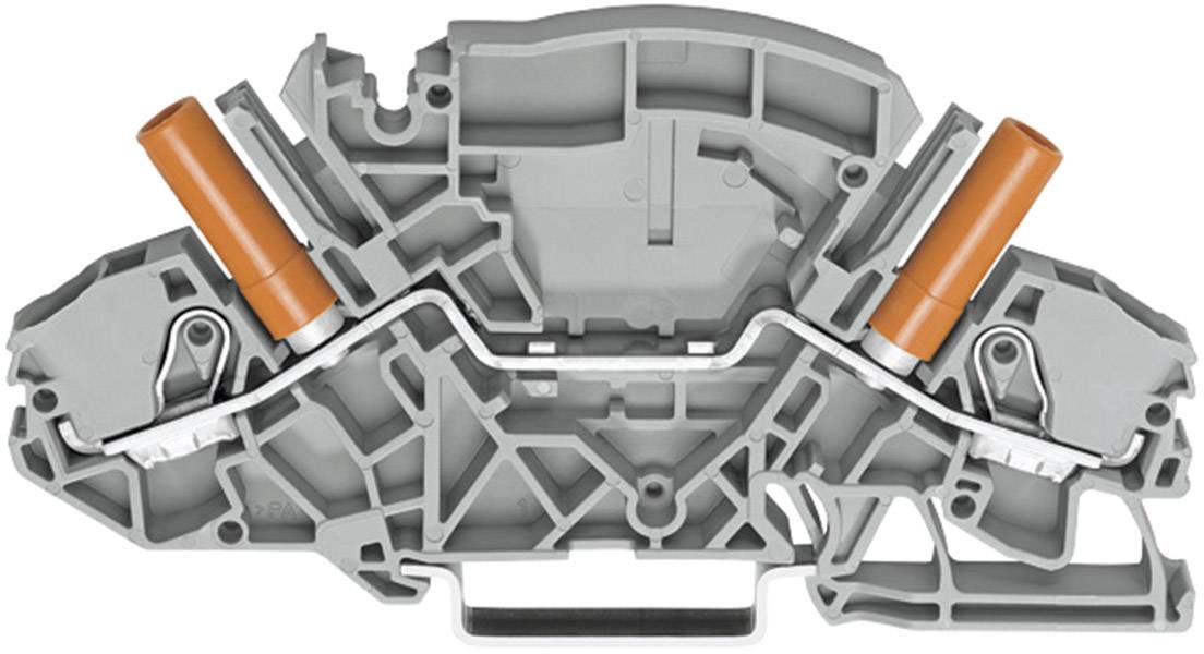 Grey electrical terminal housing with orange lever clamps, used for straightforward wiring connections.
