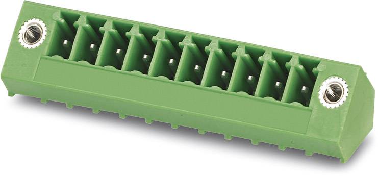 A green, rectangular connector block with multiple slots and side metal threading, used for electrical connections.