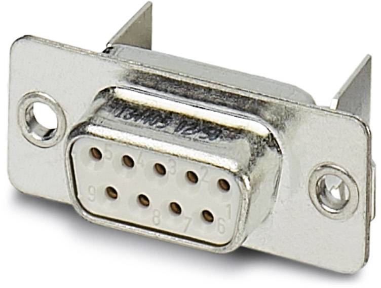 Metallic female D-sub plug with 9 pins, typically used for serial interface connections.