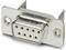 Metallic female D-sub plug with 9 pins, typically used for serial interface connections.