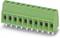 Green electrical connector with eight terminals and metal pins, used for circuit boards in electronic applications.
