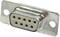 A metallic, rectangular, nine-pin D-Sub plug with two mounting holes, typically used for electronic connections.