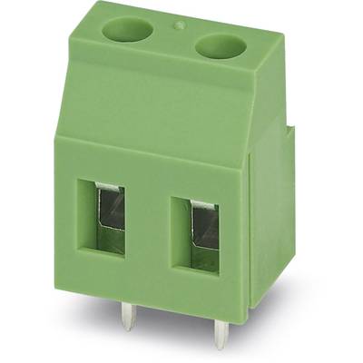 Green two-pole connector with metal contacts, for electronic connections.