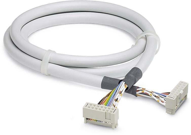 Grey, round cable with multiple coloured internal conductors at both ends.
