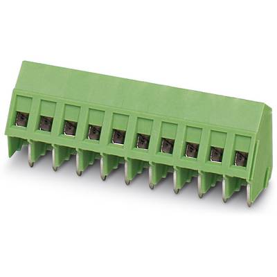 Green, rectangular printed circuit board terminal block with ten connections, used for electrical connection.