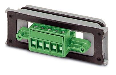 A green electrical connector within a rectangular frame, suitable for wiring and mounting applications.