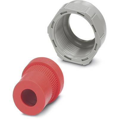 Grey and red plastic parts, possibly components of a mechanical or electrical connection.