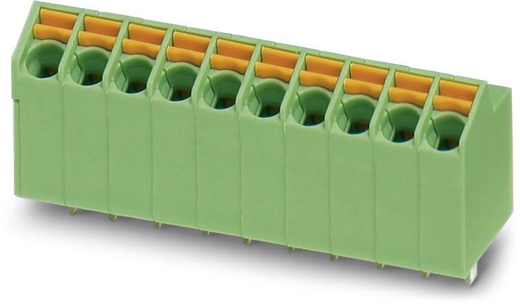 Green plug-in terminal block with eight connections, suitable for secure electrical wire connections in electronic devices.