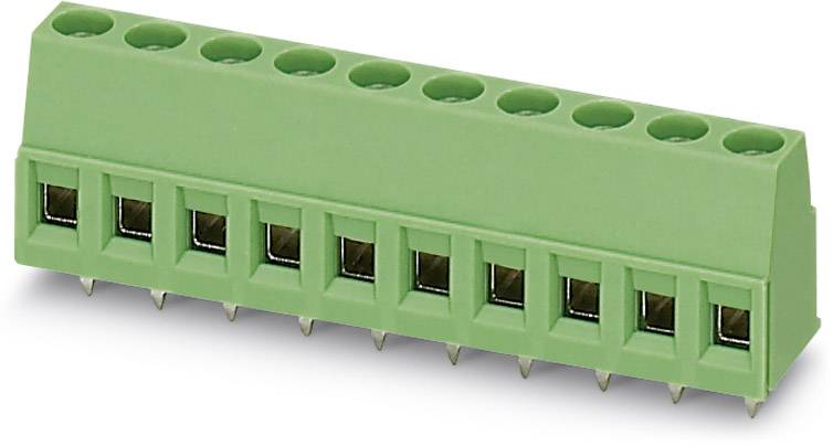 Terminal block with ten green sockets and metal pins, used for connecting electrical wires.