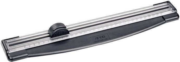 A black ruler with a cutting rail and measurement scale, perfect for precise paper cutting.