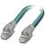 A blue Ethernet cable with two RJ45 connectors, used for network connection between computers or devices, on a white background.