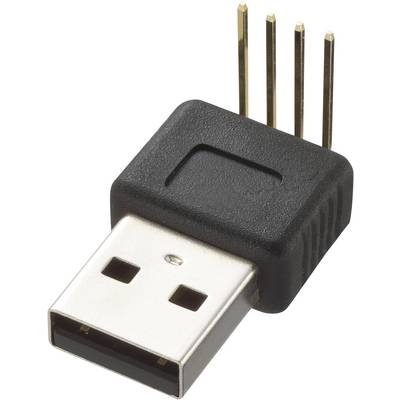 USB adapter with a black casing and four golden pins protruding from the top surface, for connecting between devices.