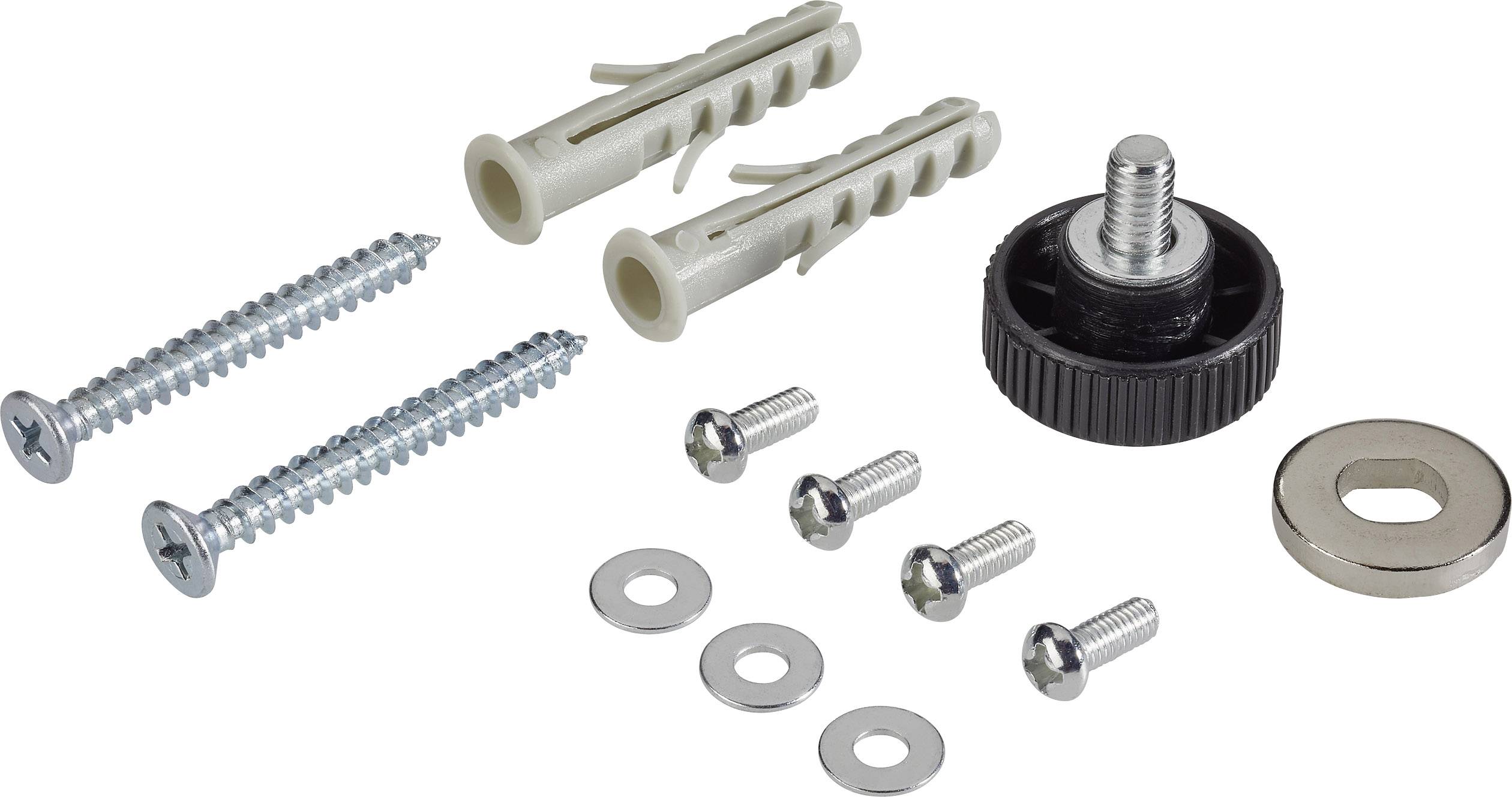Screw set with wall plugs, washers, screws, and wing nut. Used for fixing purposes on walls or furniture.