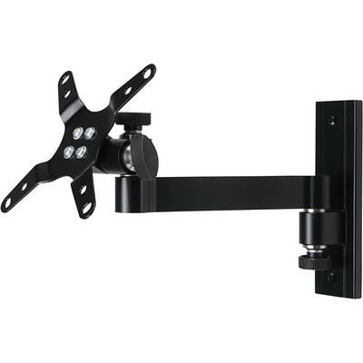 Black TV wall mount with pivoting arm, suitable for small to medium-sized screens, mounted on a metal plate.