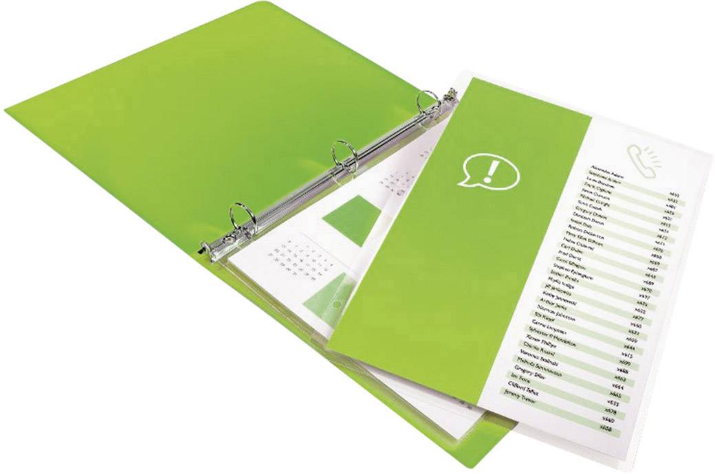'Green folder with an open ring mechanism and inserted papers; a list and graphic elements are on top.'