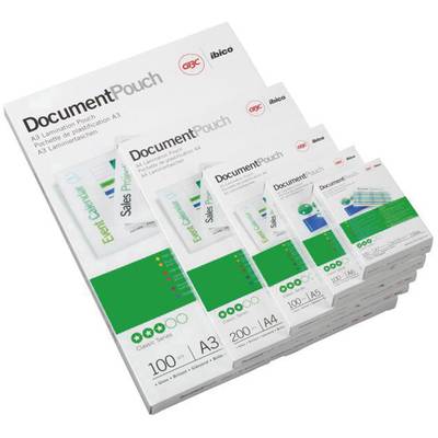 A stack of document sleeve packaging in various sizes, primarily A3 and A4. The packaging is white with green and red accents.