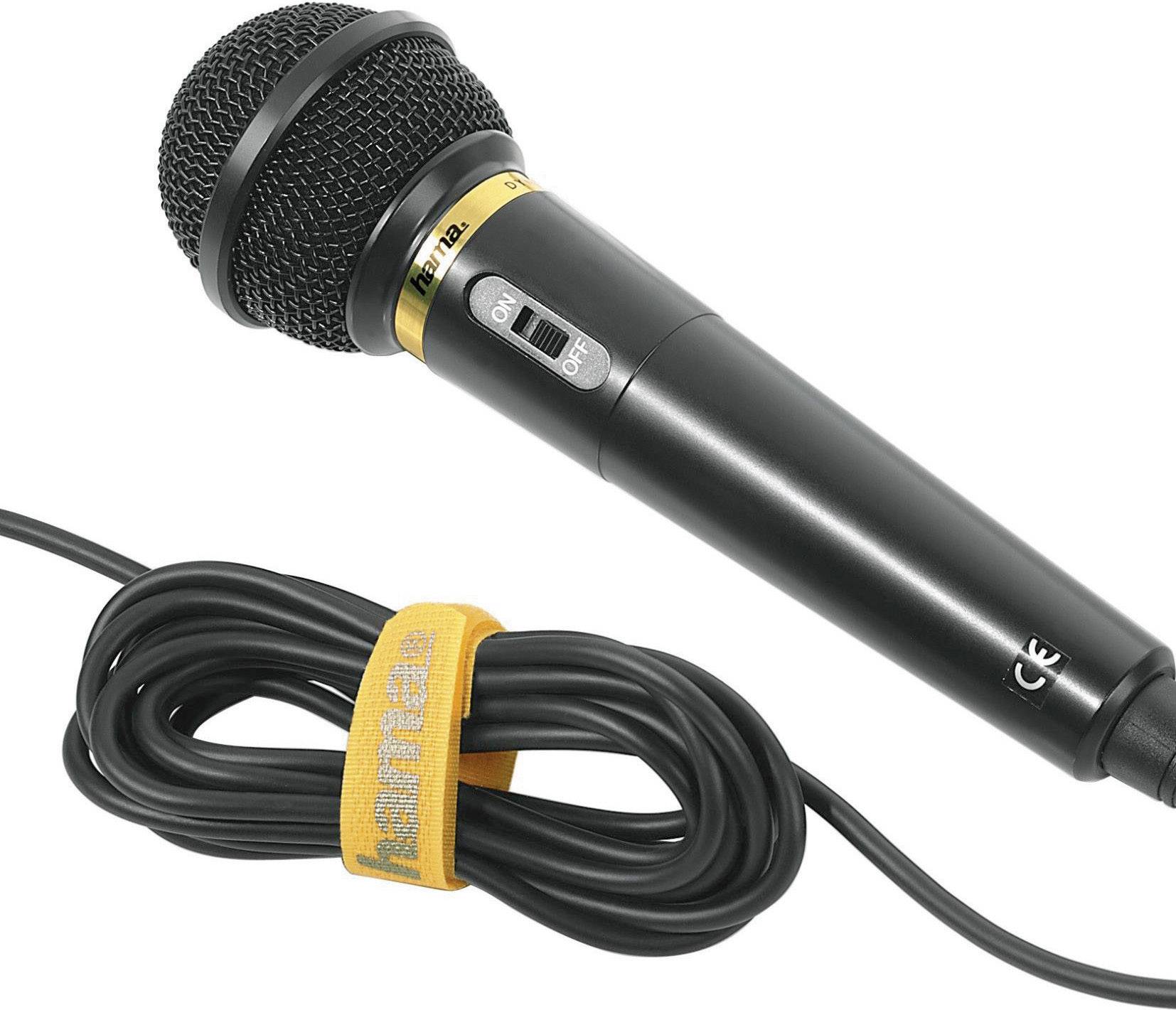 A black cable microphone with a switch and 'Hama' label, next to it is a coiled cable with an orange hook-and-loop fastener.