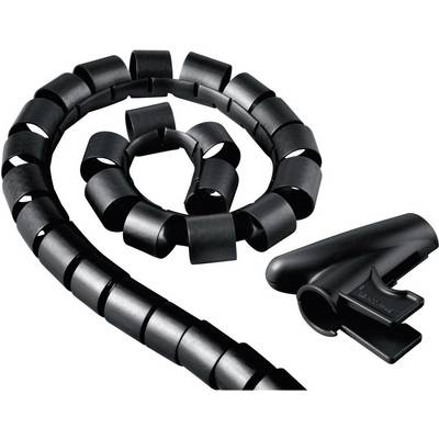 Black cable collection spiral and clip, ideal for cable management. The spiral is flexibly adaptable for different cable diameters.