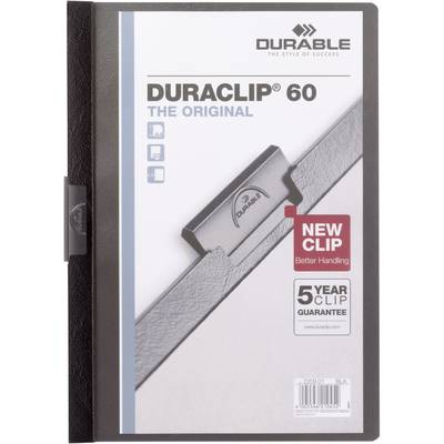 File folder 'Duraclip 60' with new clip for improved handling. Label reads '5 years clip guarantee'. Cover displays clip detail.