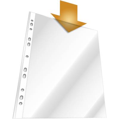 Plastic wallet with side perforation, compatible with ring binders. A large orange arrow points to the opening at the top.