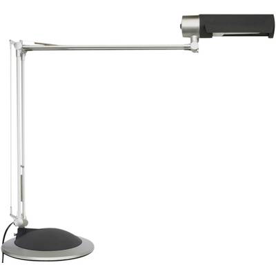 A modern black and silver desk lamp with an adjustable arm, standing on a flat, round base.