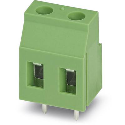Green connector with two connections and two metallic pins on the underside, suitable for electronic connections.