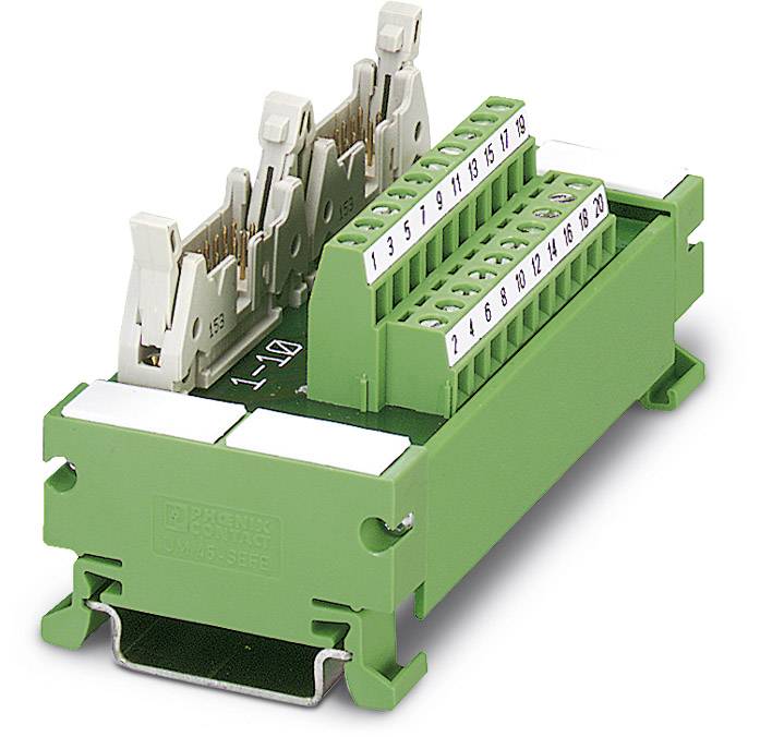 Green terminal block connector with numbered connection terminals and levers for securing wires.